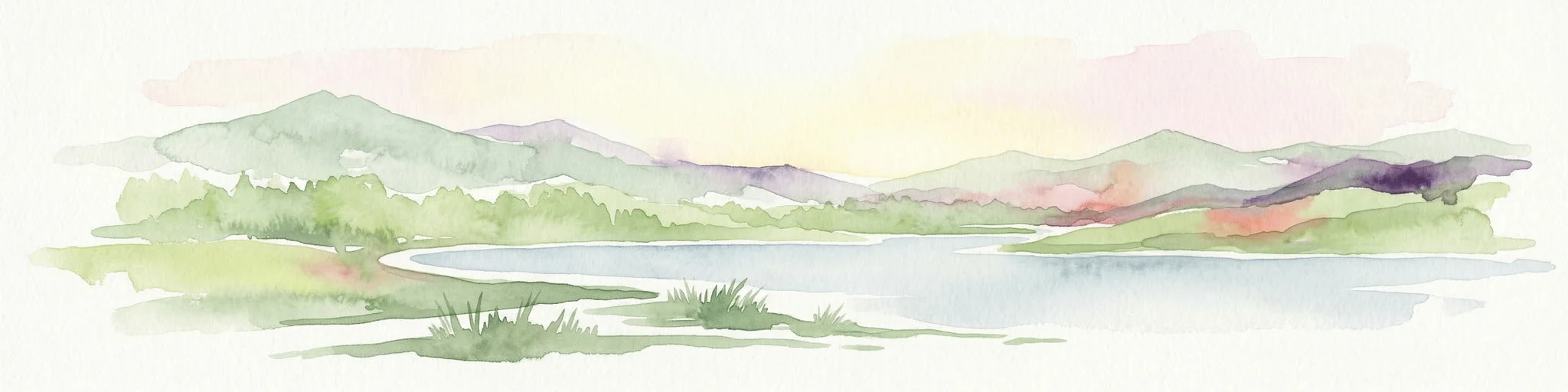 Ilustración en acuarela de un lago rodeado de un paisaje verde con montañas al fondo