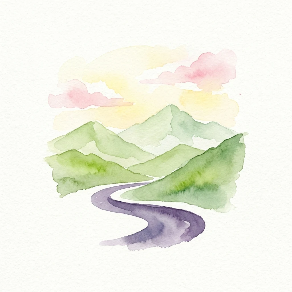 Watercolor illustration of a winding purple path through green mountains under a yellow and pink sky