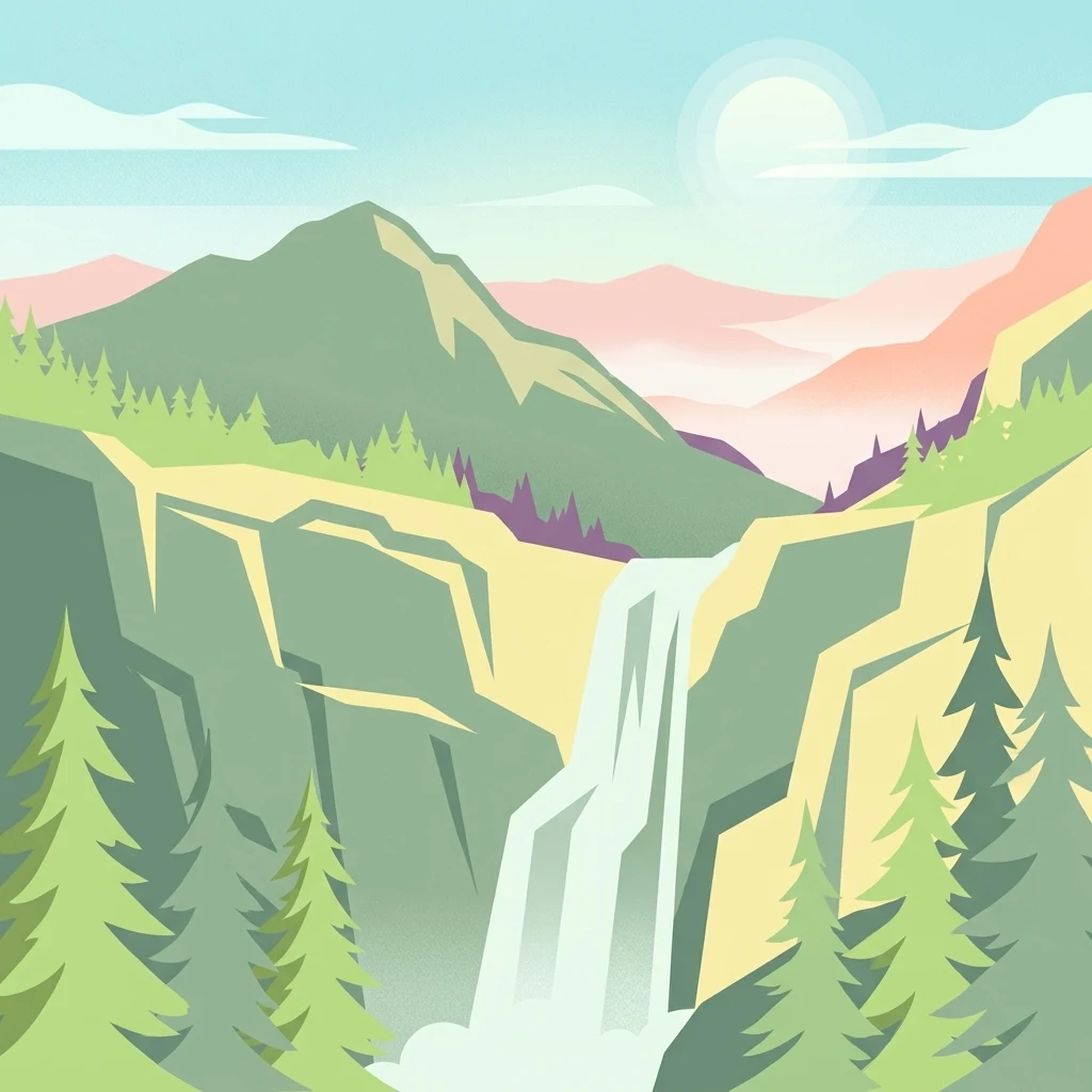 Stylized illustration of a waterfall cascading between rocky cliffs with pine trees and mountains in the background under a partly cloudy sky
