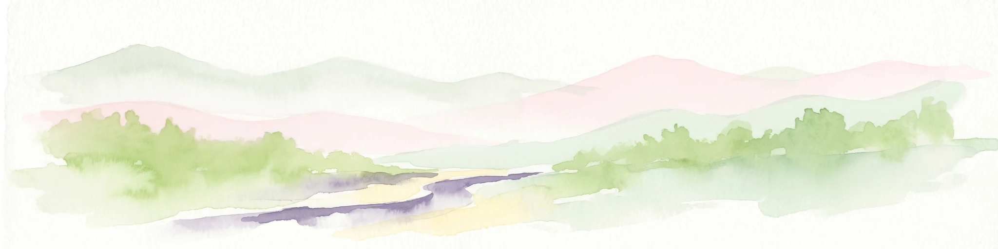 Watercolor illustration of green hills, a river, and distant pink mountains