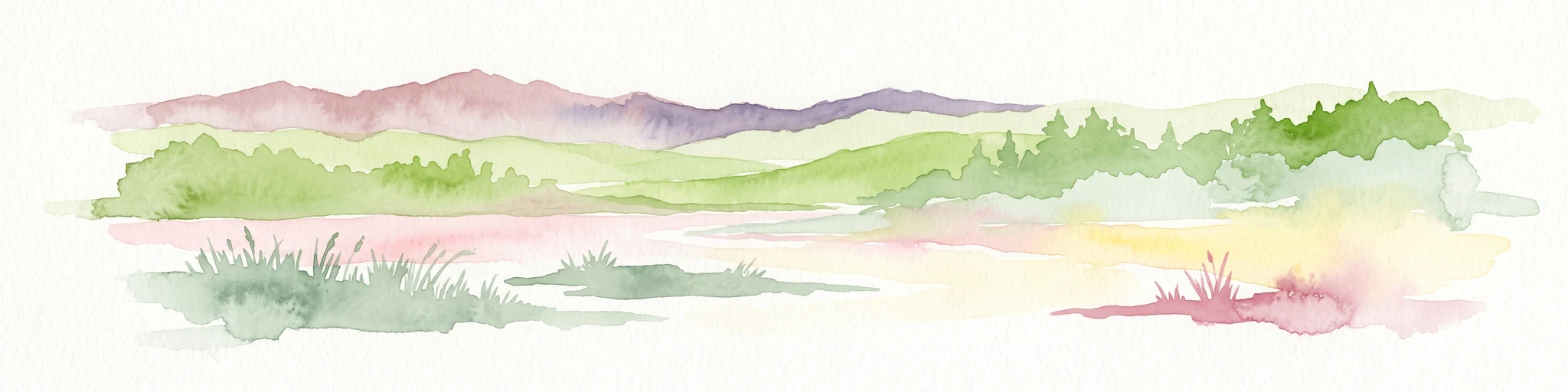 A soft watercolor painting depicting a scenic landscape with distant purple hills, green forests, and a body of water in the foreground, set against a plain white background.