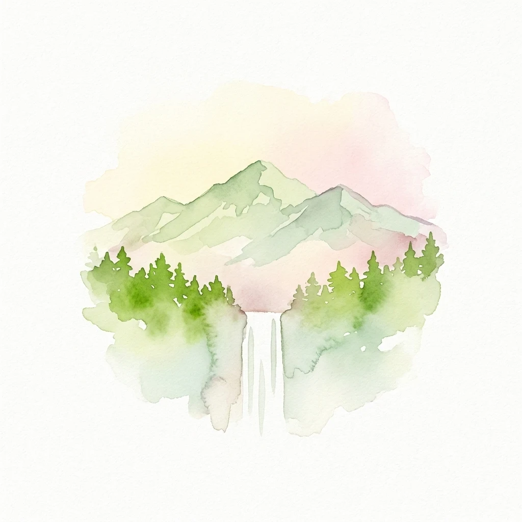 Ilustración acuarela de una cordillera con una cascada y laderas boscosas