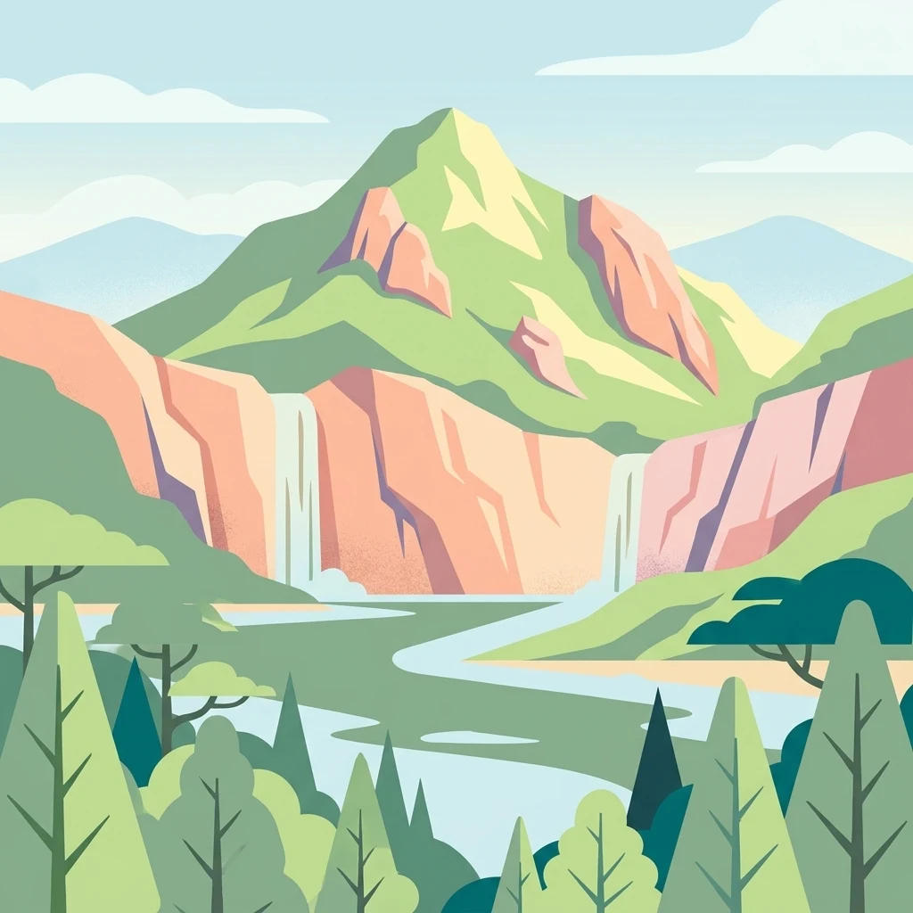 Stylized illustration of a mountainous landscape featuring waterfalls, river, and forested areas