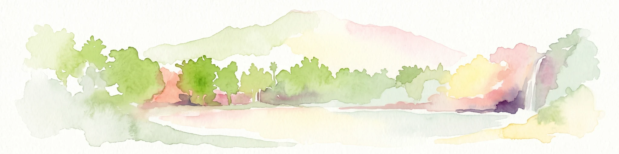Watercolor illustration showing a landscape with trees, water, and mountains
