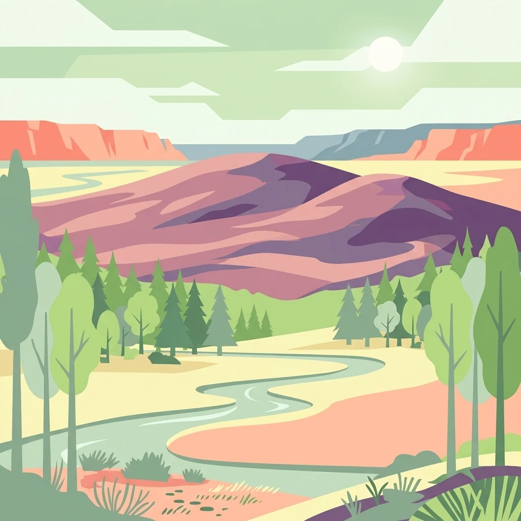 A flat, stylized illustration showing a landscape with purple rolling hills in the background, a winding river in the foreground, and pine-like trees.