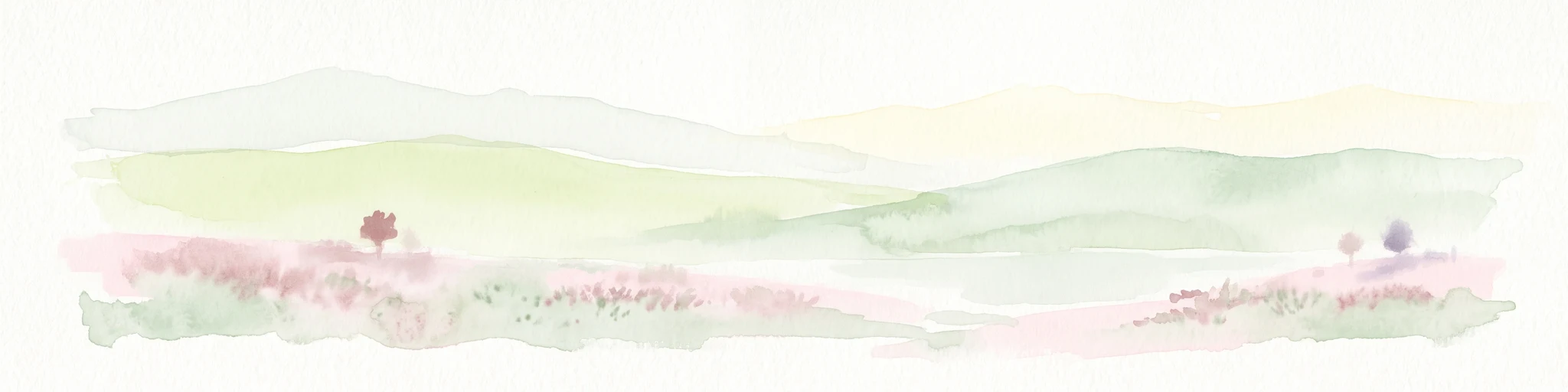 A minimalist watercolor painting showing rolling green hills and pink heather under a white sky.