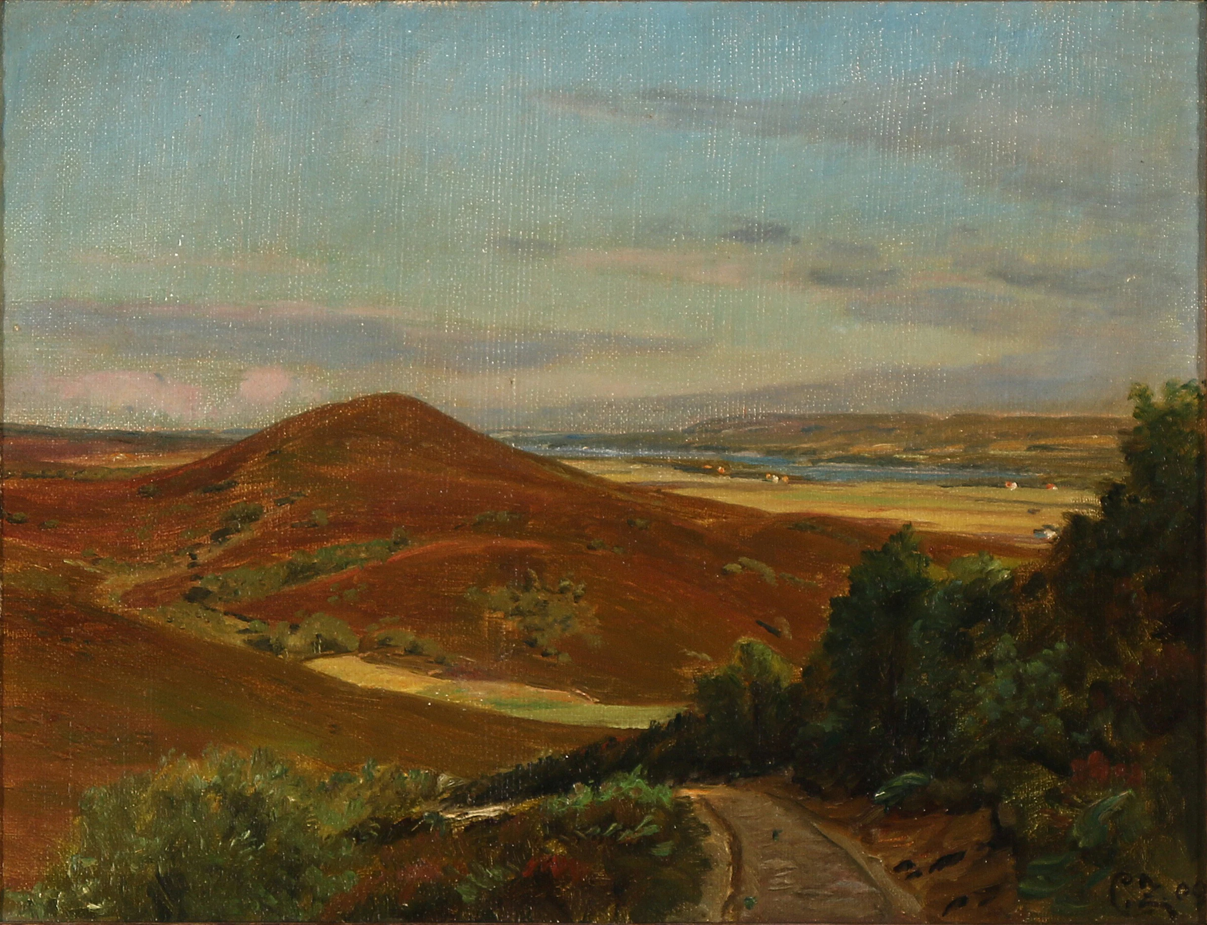 An oil painting depicting a heather-covered hill with rolling terrain, a distant body of water, and a foreground path.