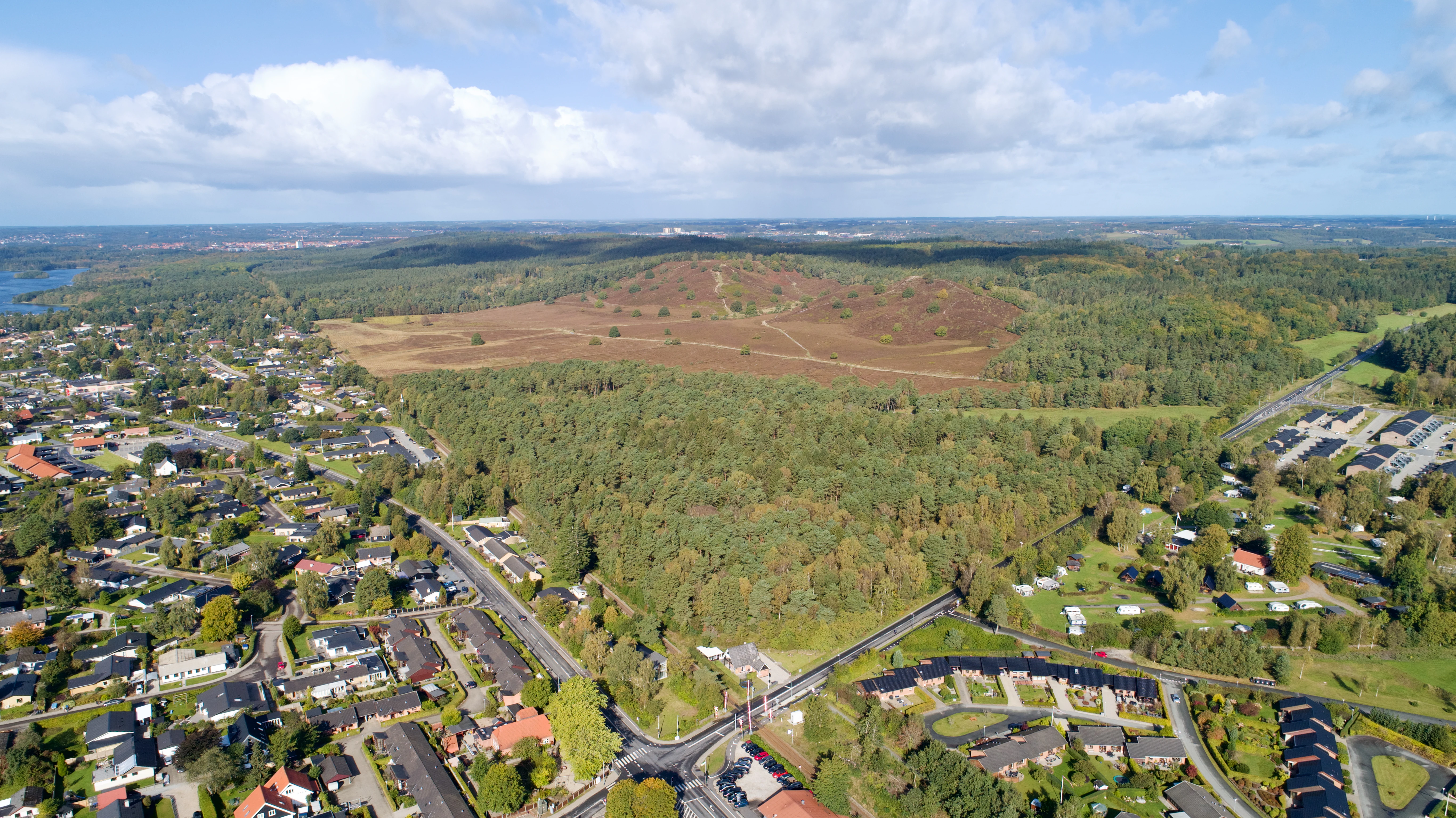 An aerial view showing a large, reddish-brown heather covered hill rising above a surrounding forest and a residential neighborhood.