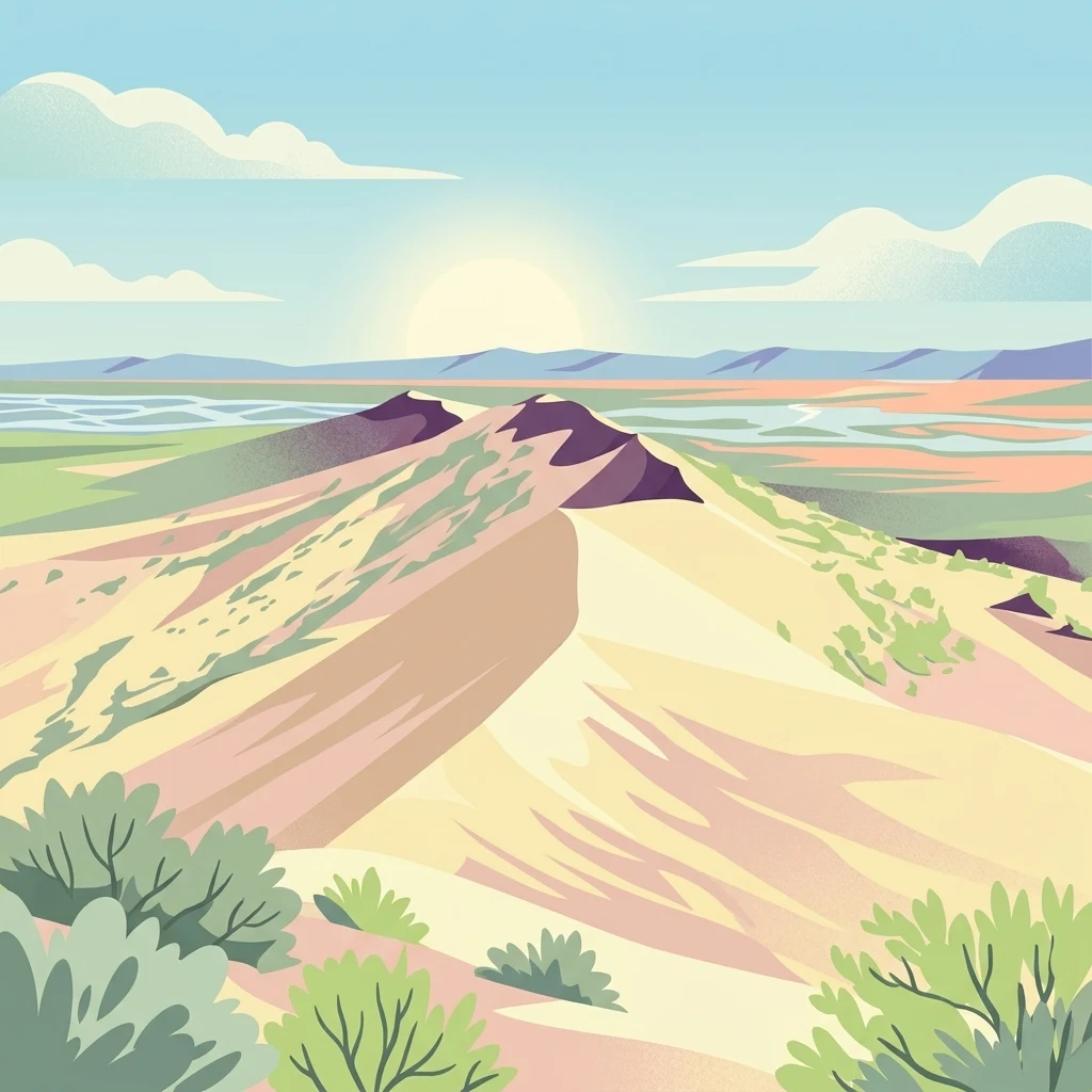 Una ilustración plana de estilo vectorial de una gran duna de arena bajo un cielo soleado, con vegetación desértica escasa en primer plano y un valle fluvial en la distancia.