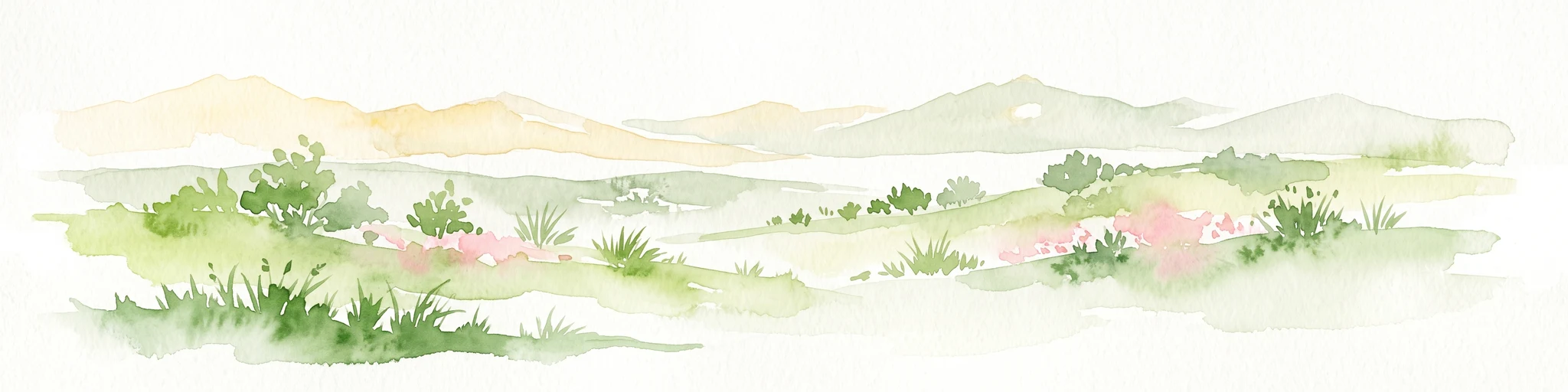 A watercolor illustration of a rolling, grassy landscape with gentle hills and light vegetation in pastel tones.
