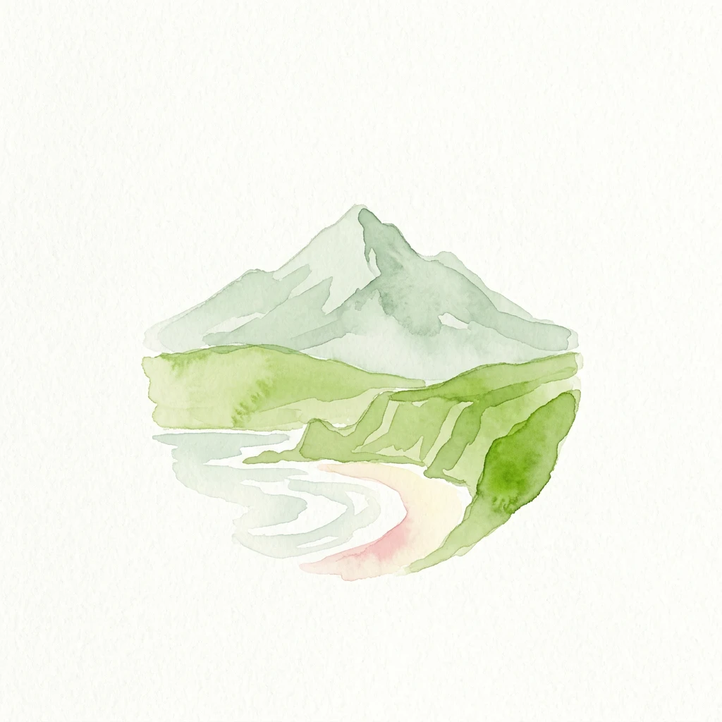 Watercolor painting showing a mountain, green hills, and a beach with a body of water