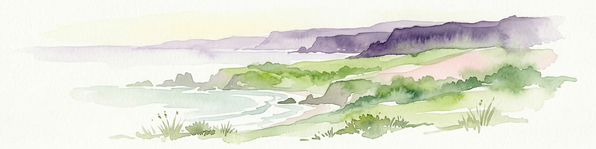 Pintura de acuarela que muestra colinas costeras onduladas con vegetación verde, una masa de agua y montañas distantes bajo un cielo claro