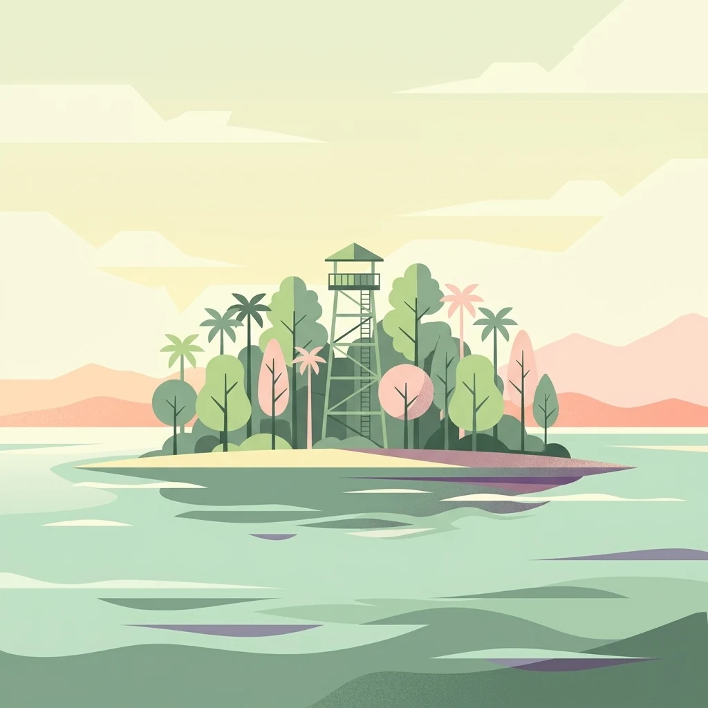 A flat vector illustration showing a small tropical island surrounded by water, with a tall wooden lookout tower standing among trees and palm trees, set against a background of soft hills.