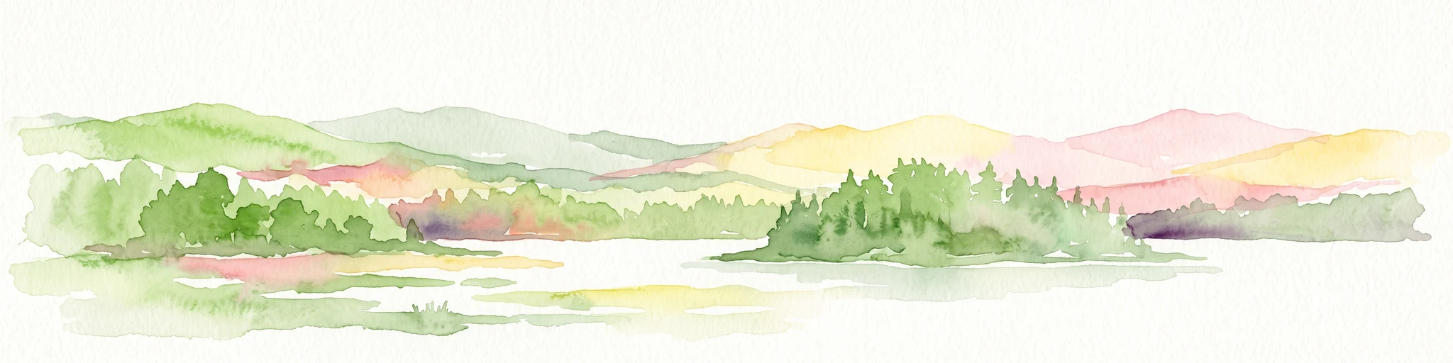 Watercolor painting of a lake surrounded by green trees and distant pastel-colored hills.