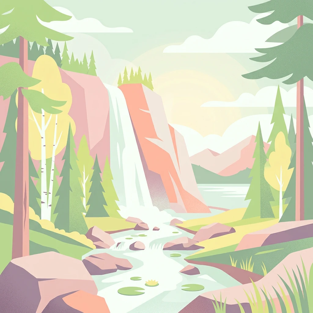 An illustration showing a waterfall cascading down a rocky cliff into a stream surrounded by trees and rocks