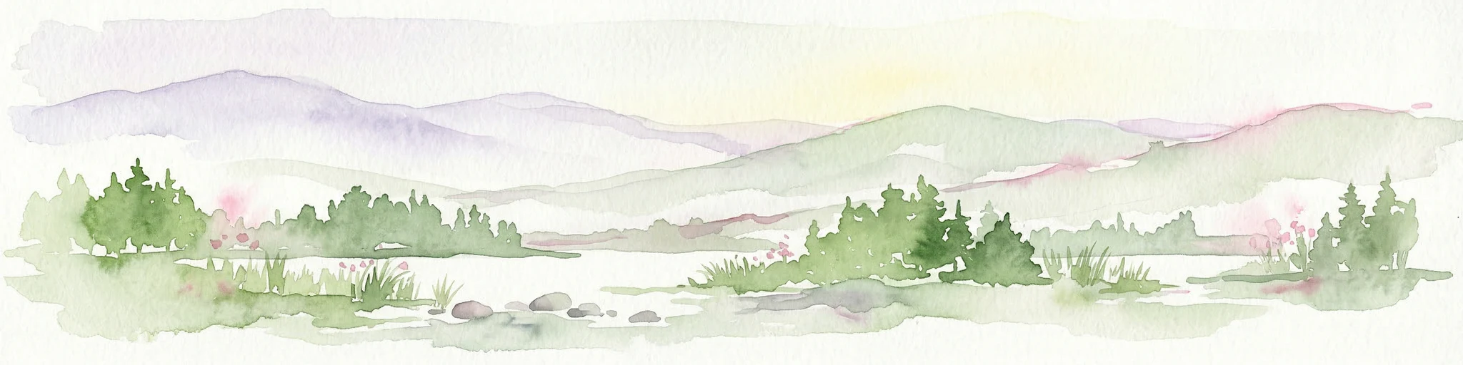 Ilustración en acuarela que muestra árboles verdes, un río y colinas onduladas bajo un cielo suave
