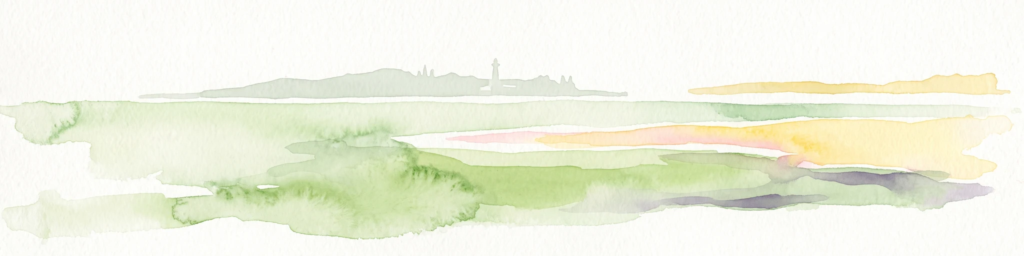 Watercolor painting of a coastal reef landscape with muted green and yellow tones against a white background, showing a distant island or reef structure with a lighthouse or tower silhouette.