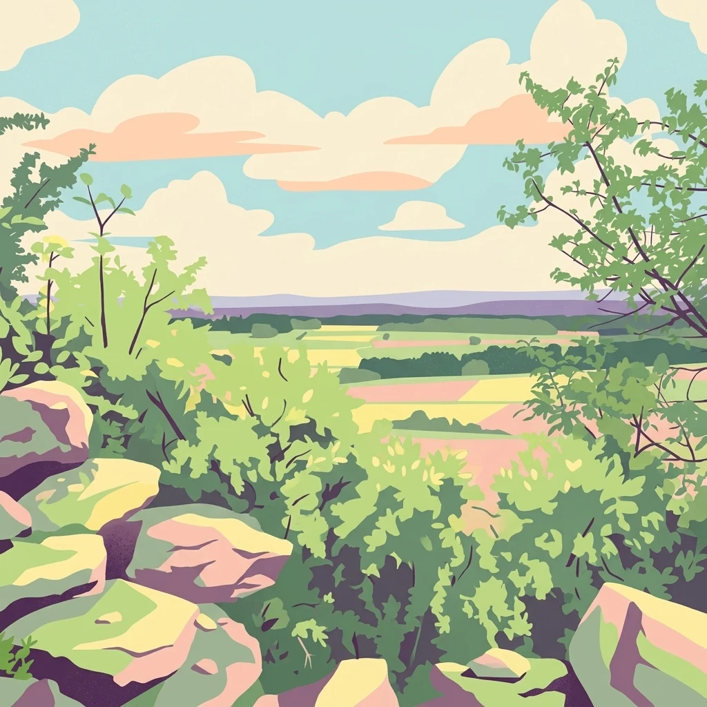 A digital illustration showing a view from rocky terrain with green bushes in the foreground, looking out over a patchwork of fields and forests in the distance under a cloudy sky.