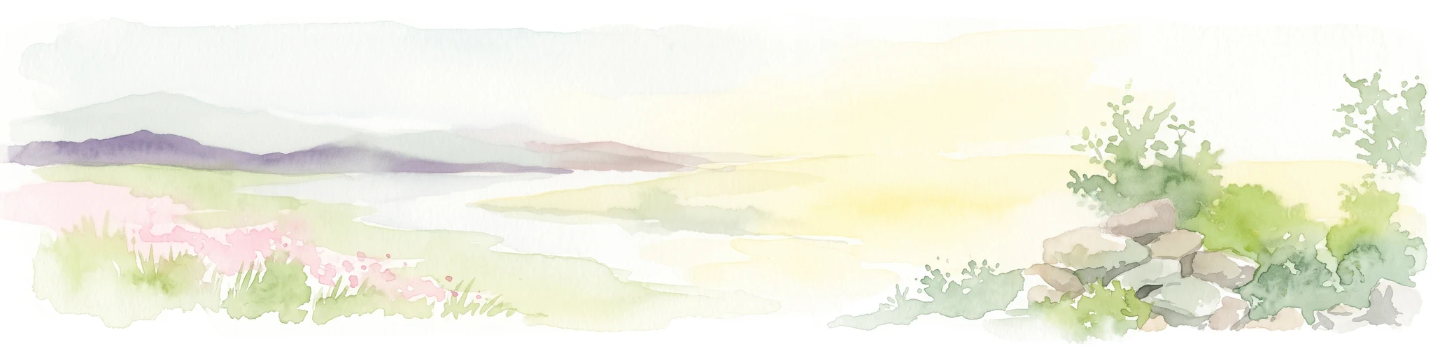 A wide watercolor illustration showing a soft landscape with pink flowers on the left, green bushes and rocks on the right, and distant mountains across a misty valley.