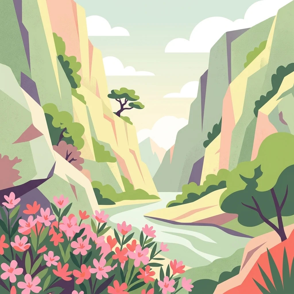 An illustration of a narrow mountain gorge with steep rock walls, a central winding river, sparse trees on the cliffs, and a foreground of blooming pink wildflowers.