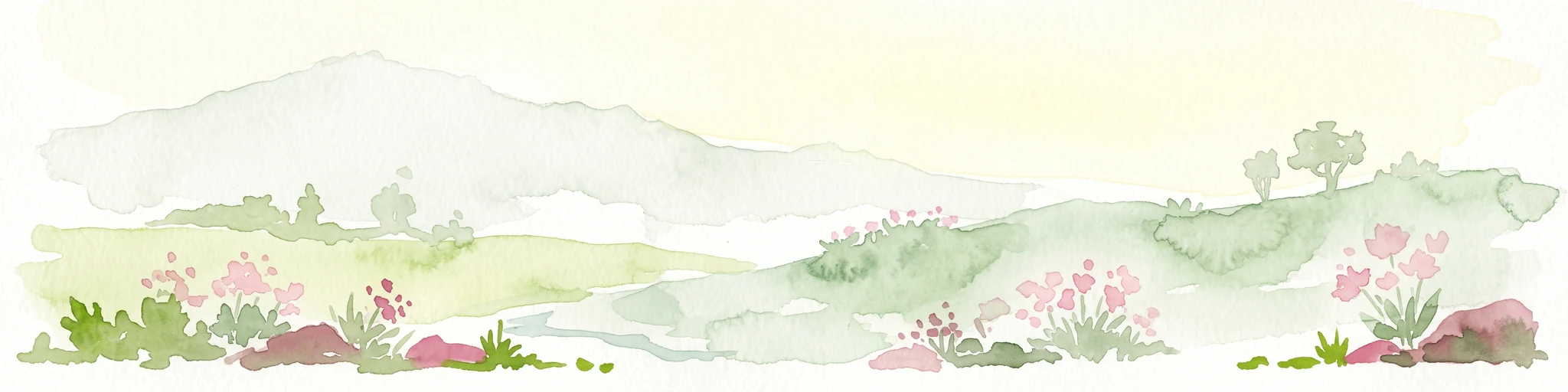 A watercolor painting of a rolling mountainous landscape in Crete, featuring soft green hills, wildflowers, and pale mountain outlines against a light sky.