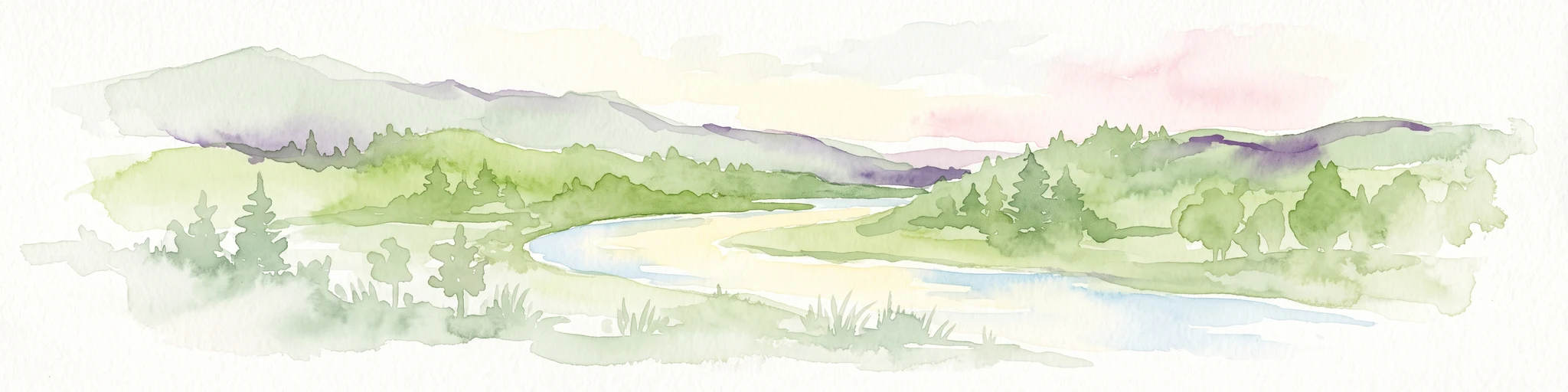 Watercolor painting of a peaceful river landscape, featuring rolling green hills, dense trees, and distant soft-toned mountains.