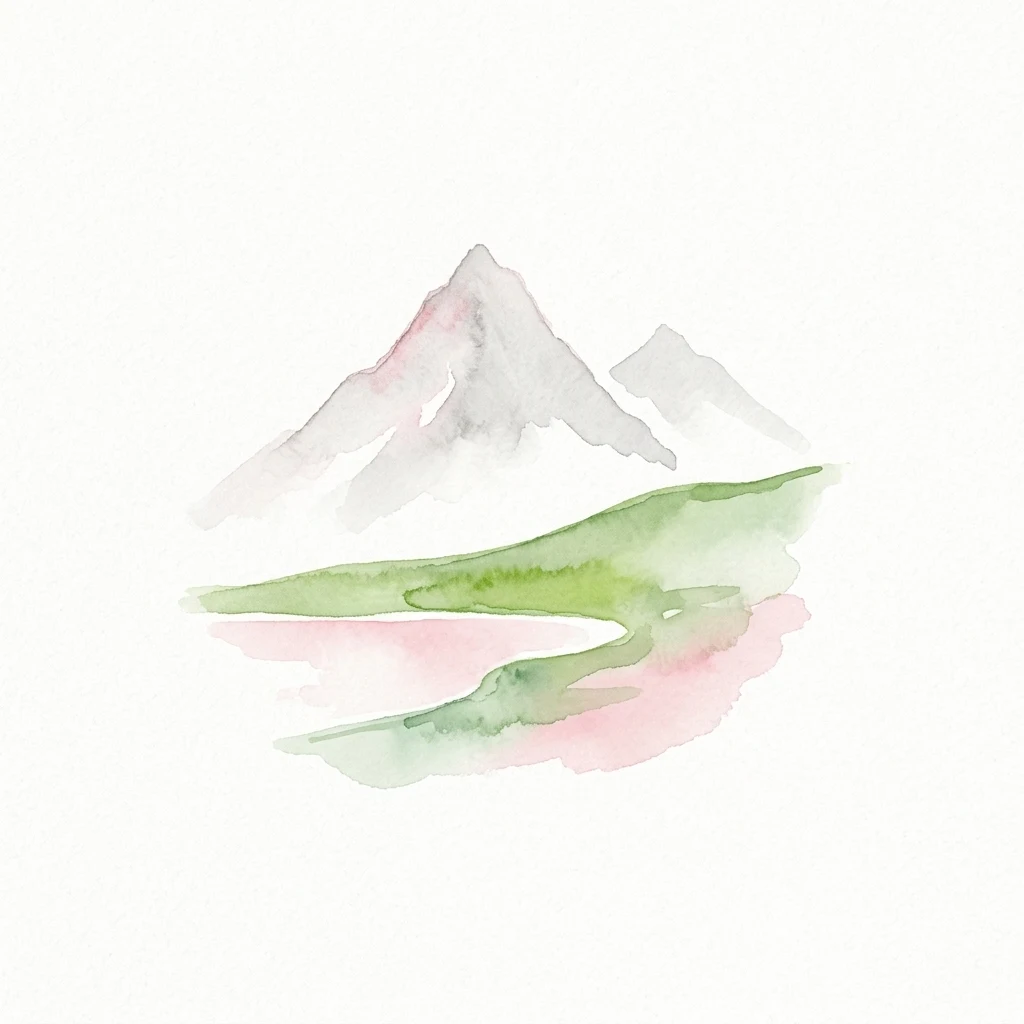Watercolor illustration of mountains and a lake with green and pink hues