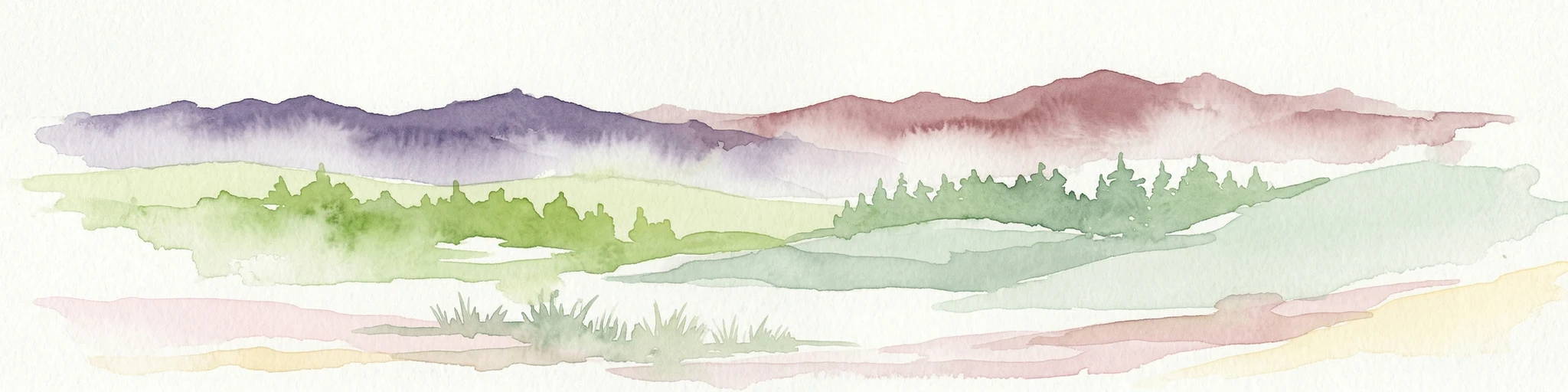 Ilustración en acuarela de un paisaje con colinas onduladas, bosques y montañas distantes