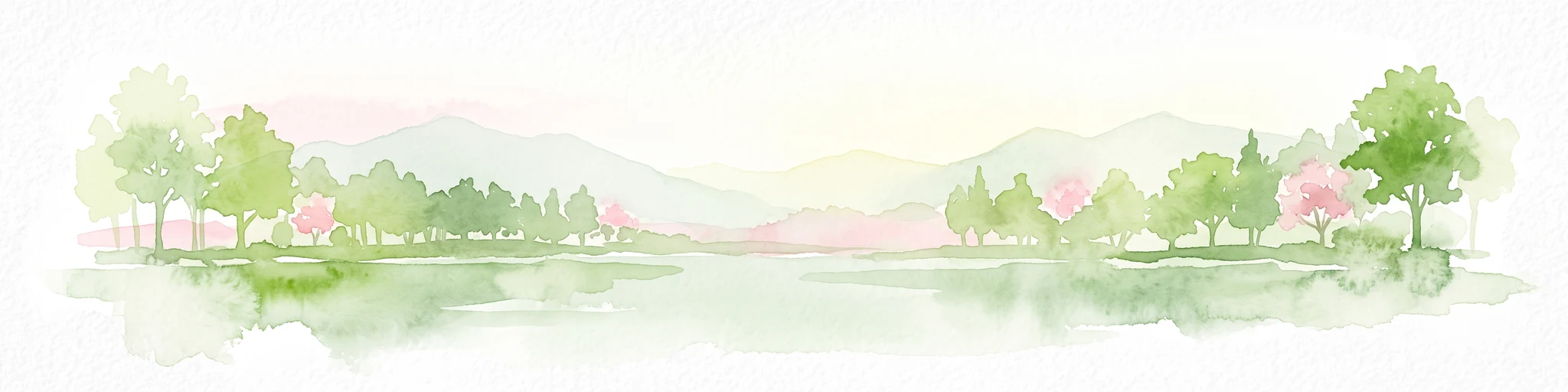 A horizontal watercolor illustration depicting a soft, serene landscape with green trees, pink flowering trees, and gentle hills on a white background.