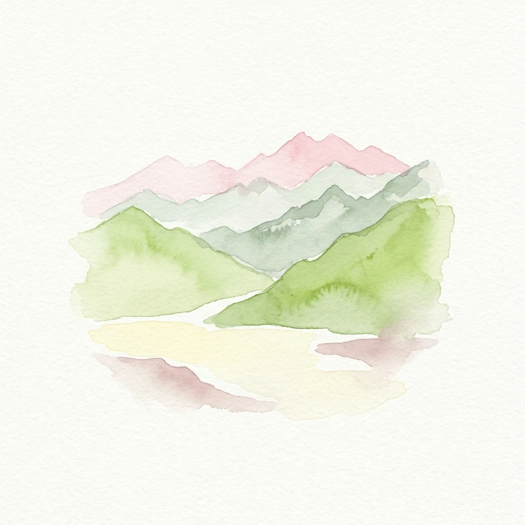 Ilustración en acuarela de montañas en capas con picos verdes y rosados y un reflejo de lago amarillo