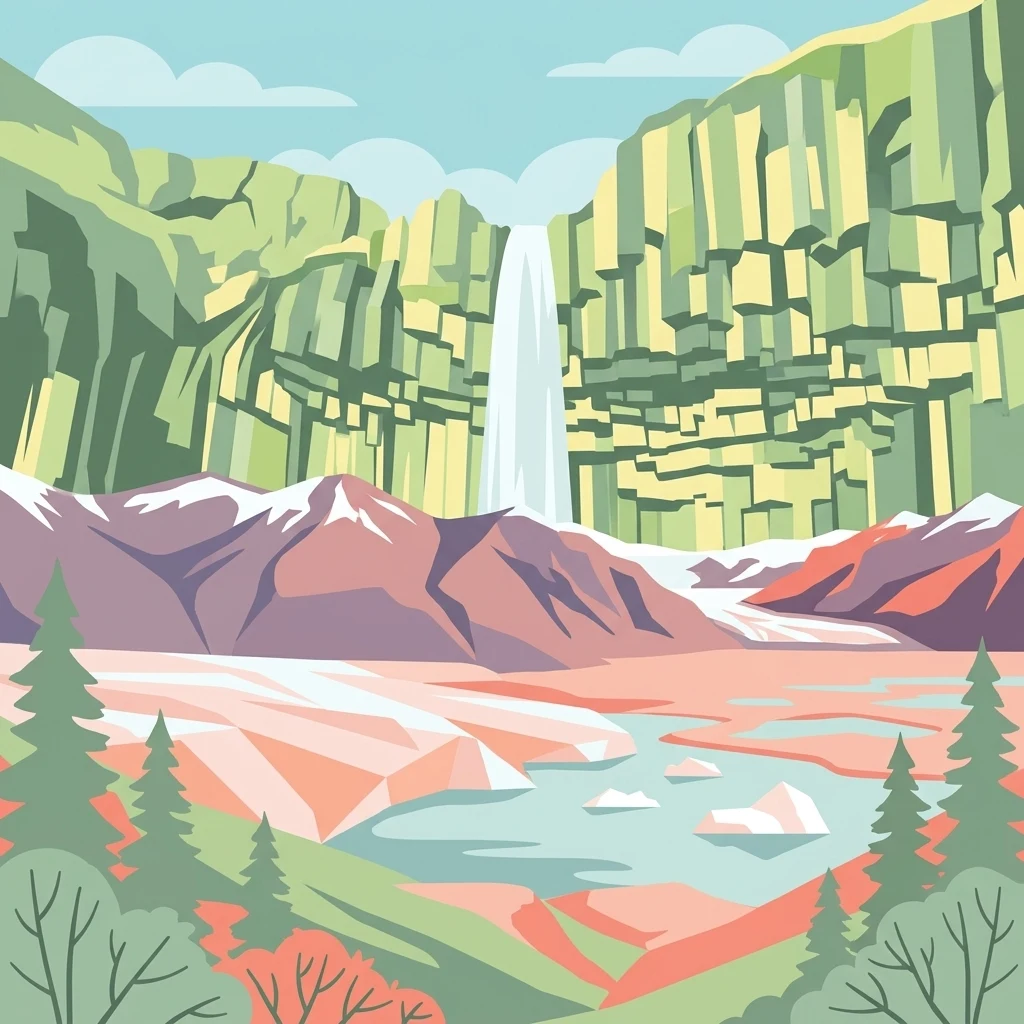 Ilustración que muestra una cascada cayendo entre acantilados verdes, montañas nevadas, un lago glaciar y pinos