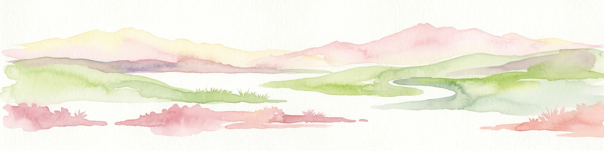 Ilustración en acuarela que muestra un paisaje montañoso con valles verdes, montañas rosadas y un río sinuoso