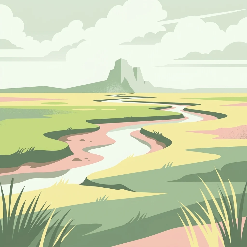 A stylized flat-design illustration of a meandering stream cutting through a green and sandy marshland under a cloudy sky, with a distant rocky outcrop.