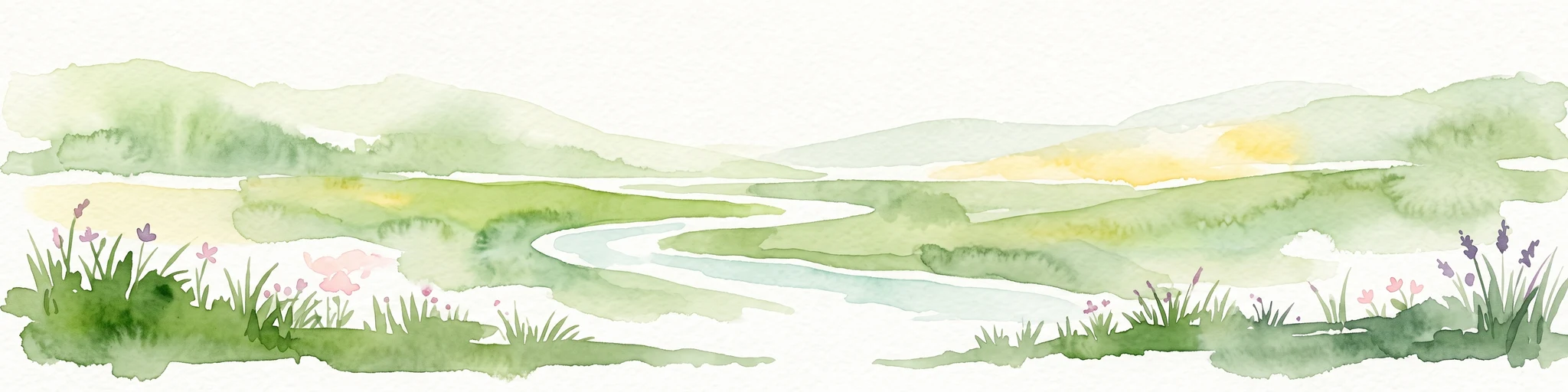 Pintura en acuarela de un paisaje de marisma salada verde con un río serpenteante y flores silvestres.