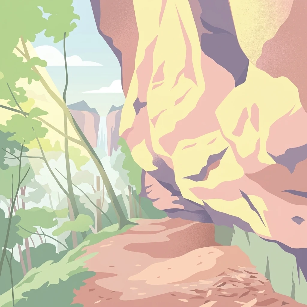 Una ilustración digital estilizada de un sendero de tierra que serpentea junto a una gran pared rocosa en capas, con árboles del bosque y una cascada lejana al fondo.