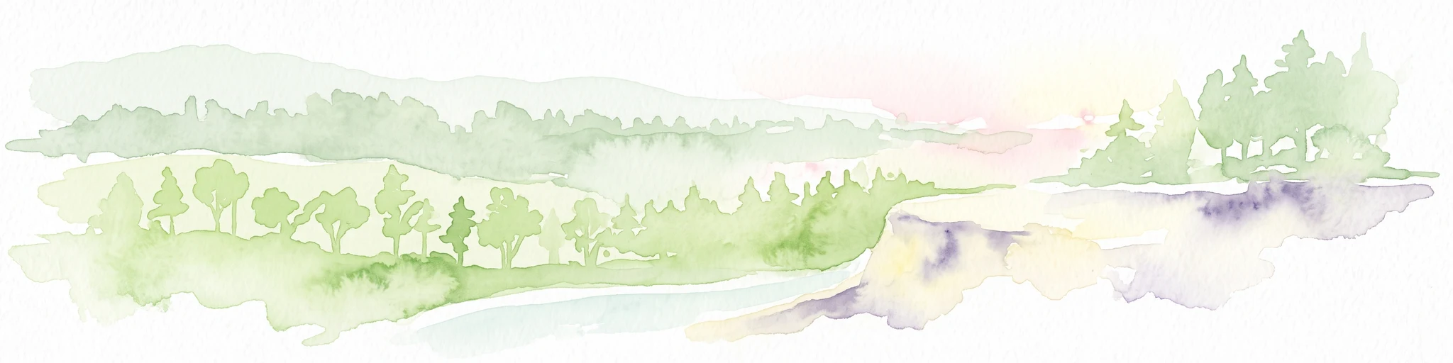 A soft watercolor illustration depicting a riverbank with light green trees and a prominent rocky outcrop or cliff face near the water.