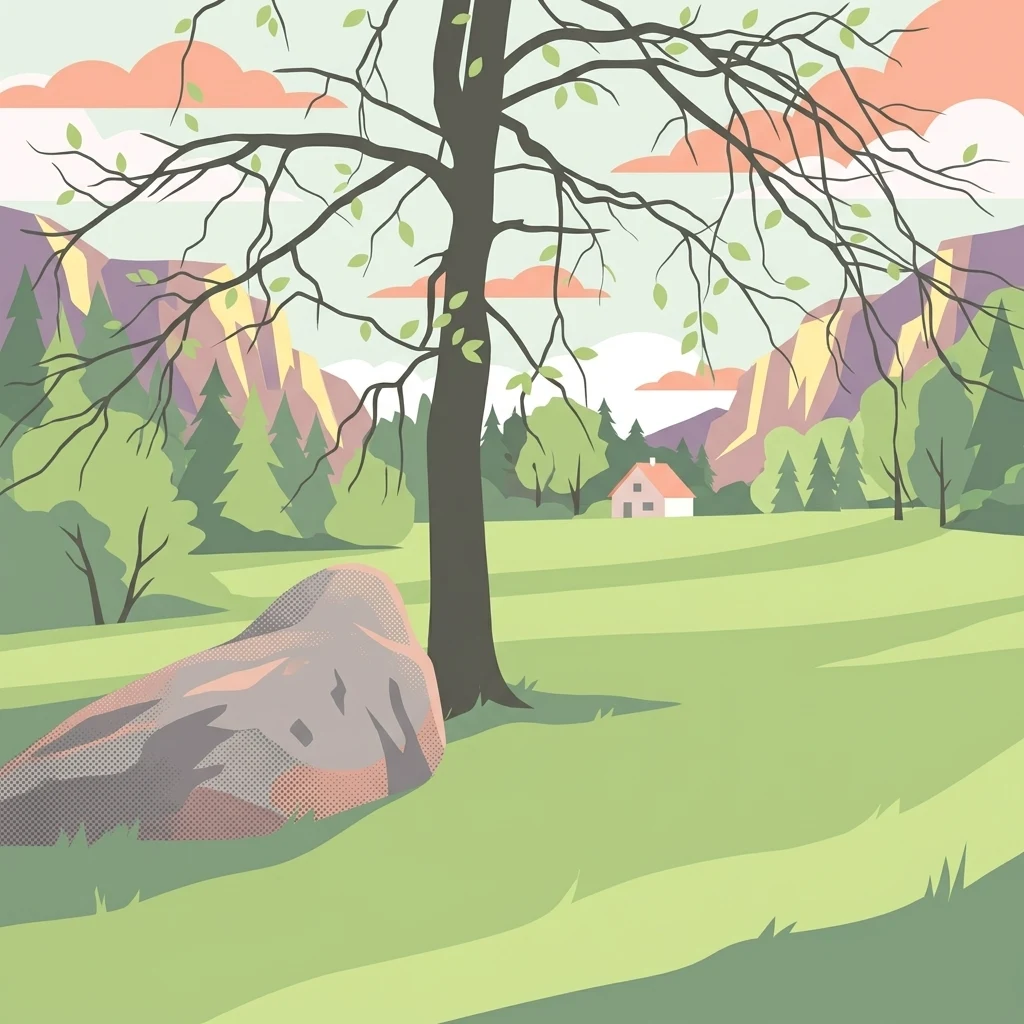 A flat-style digital illustration of a green meadow, a large bare tree, a small cottage, and forested hills under a pastel sky.
