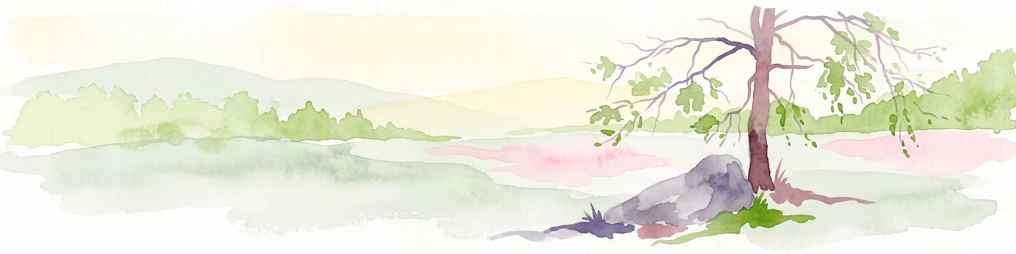 Watercolor painting of a pastoral landscape featuring a tree, a large rock, and soft hills in the background with a pale sky.
