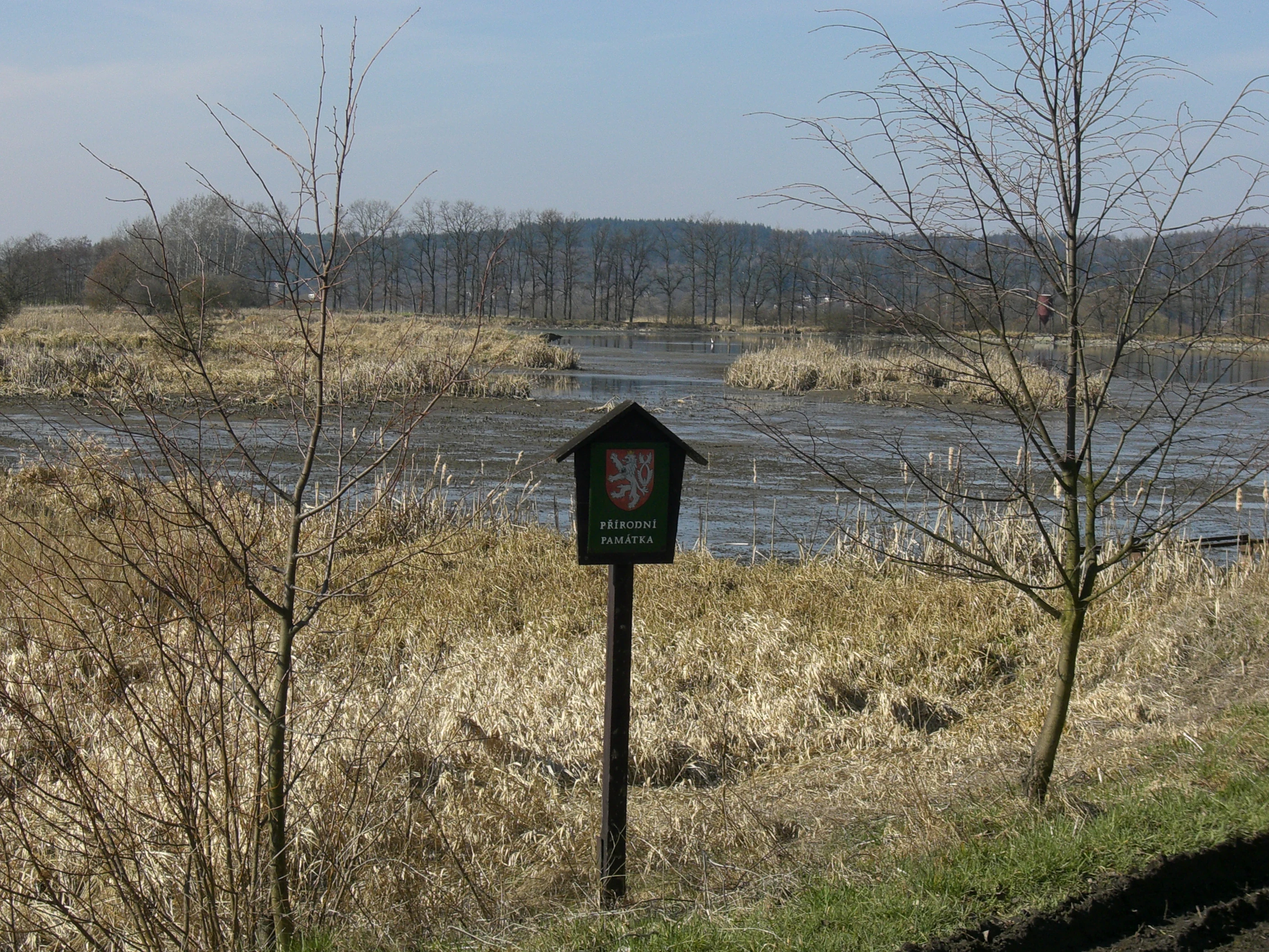A small wooden sign with the coat of arms of the Czech Republic mounted on a post in front of a pond and marshy landscape.