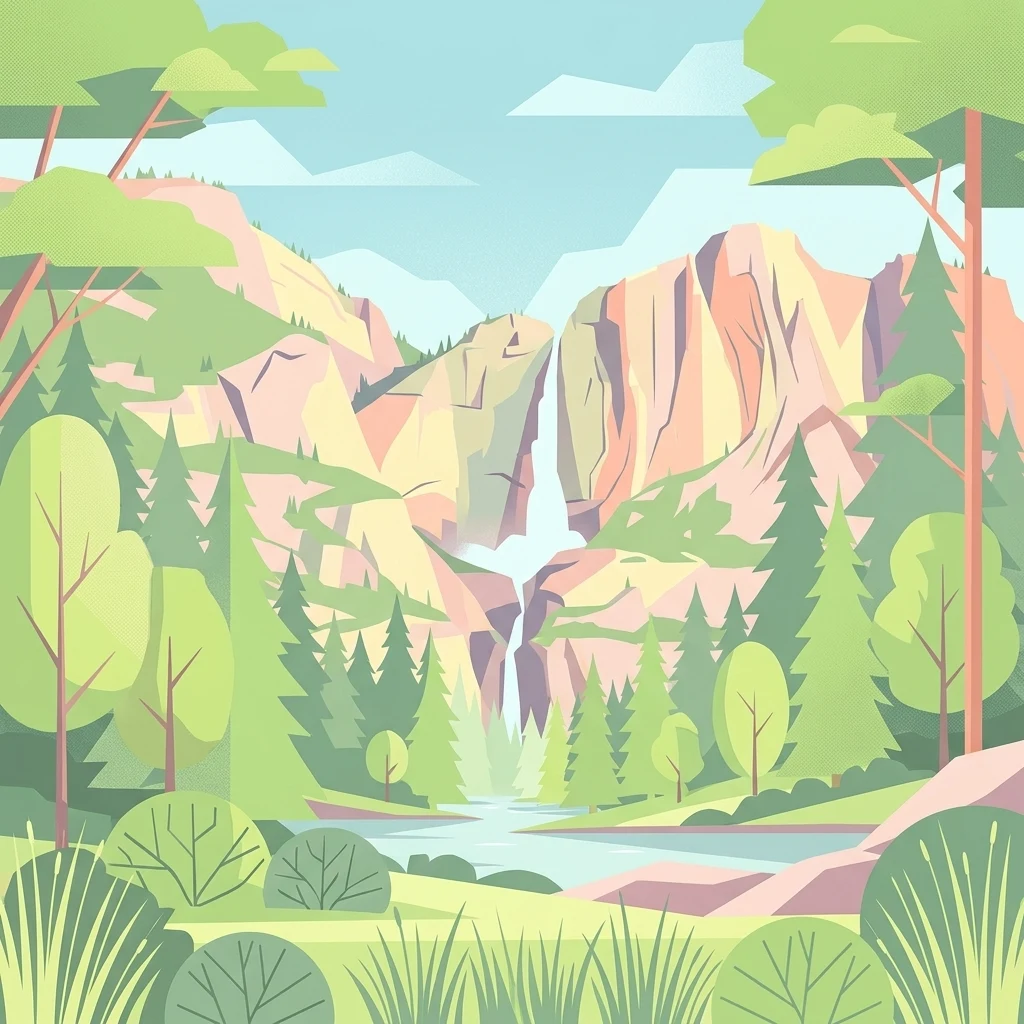 Una ilustración gráfica de estilo plano que muestra una cascada entre acantilados rocosos de montaña, rodeada de un frondoso bosque y un arroyo en primer plano.