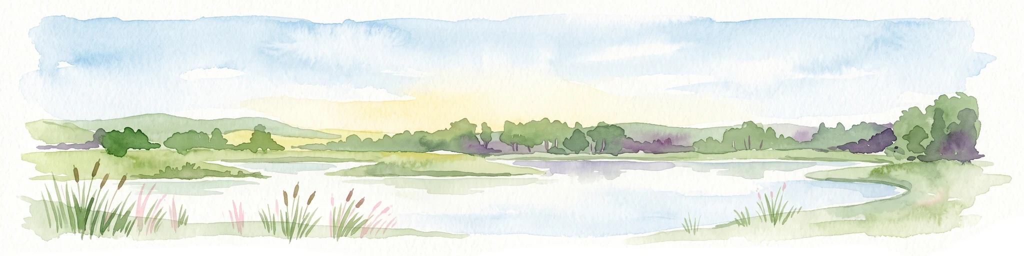 Watercolor painting of a tranquil pond scene with grassy shores, reeds, and rolling hills in the background under a soft sky.