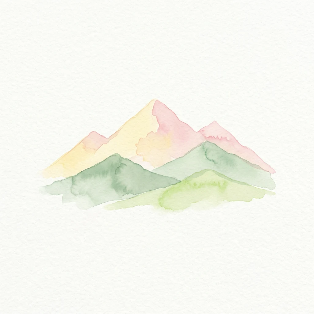 Watercolor illustration of mountain peaks in various colors including pink, yellow, and green