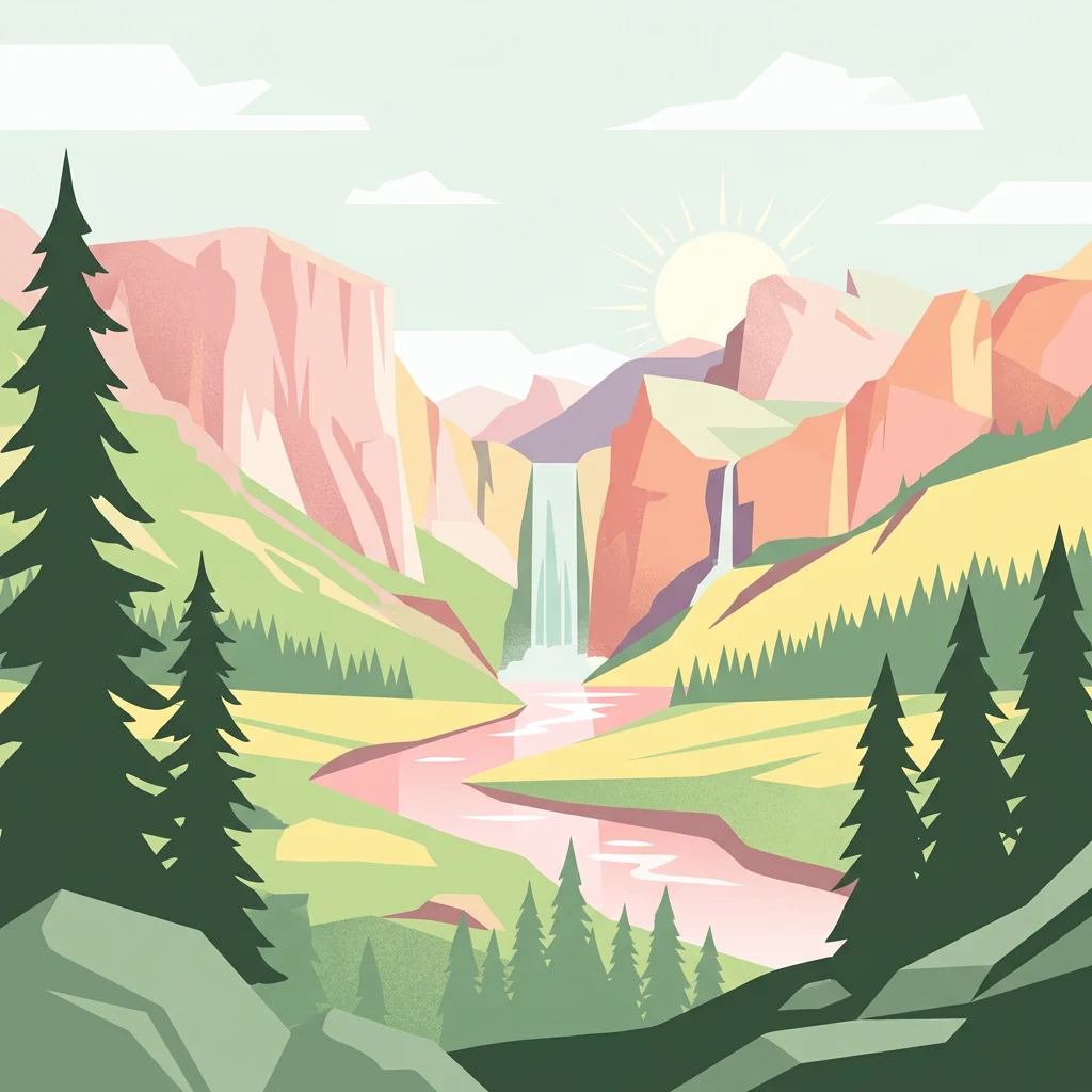 Ilustración que muestra un paisaje de montañas, cascada, río y bosque