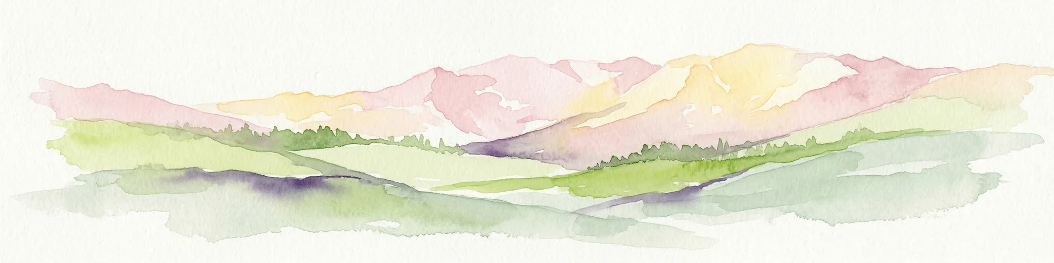 Ilustración de acuarela de montañas y valles con terreno verde y morado y picos de color rosa