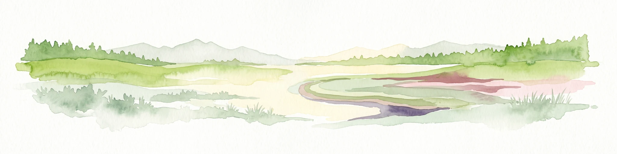 A horizontal watercolor painting of a green meadow, wetland area, and a soft forest line against distant hills.