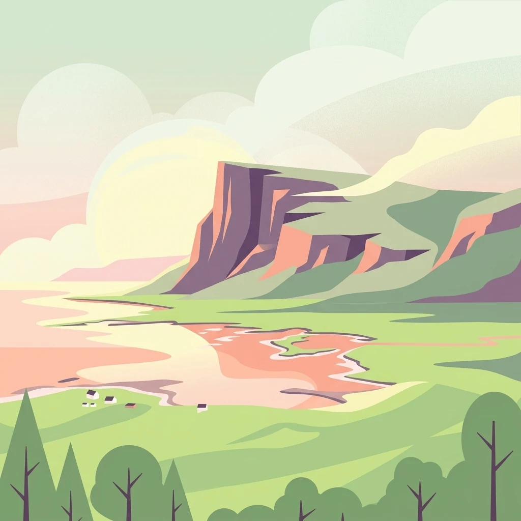 A digital illustration showing a coastal scene with a steep, rocky cliff overlooking a calm fjord, green grassy slopes in the foreground, and small cabins near the water.