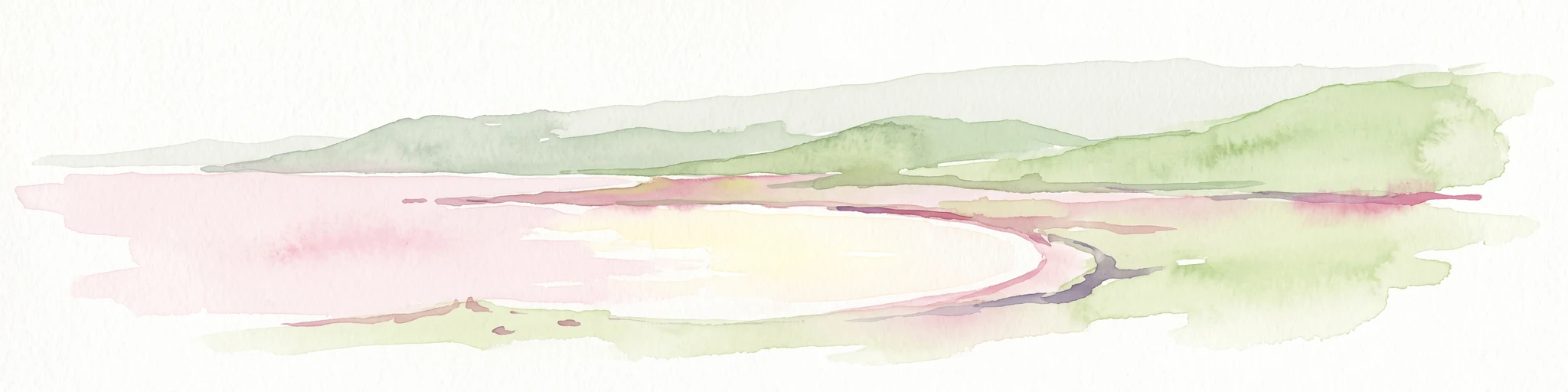 Watercolor painting of a coastal inlet with soft green hills and pink tinted water.
