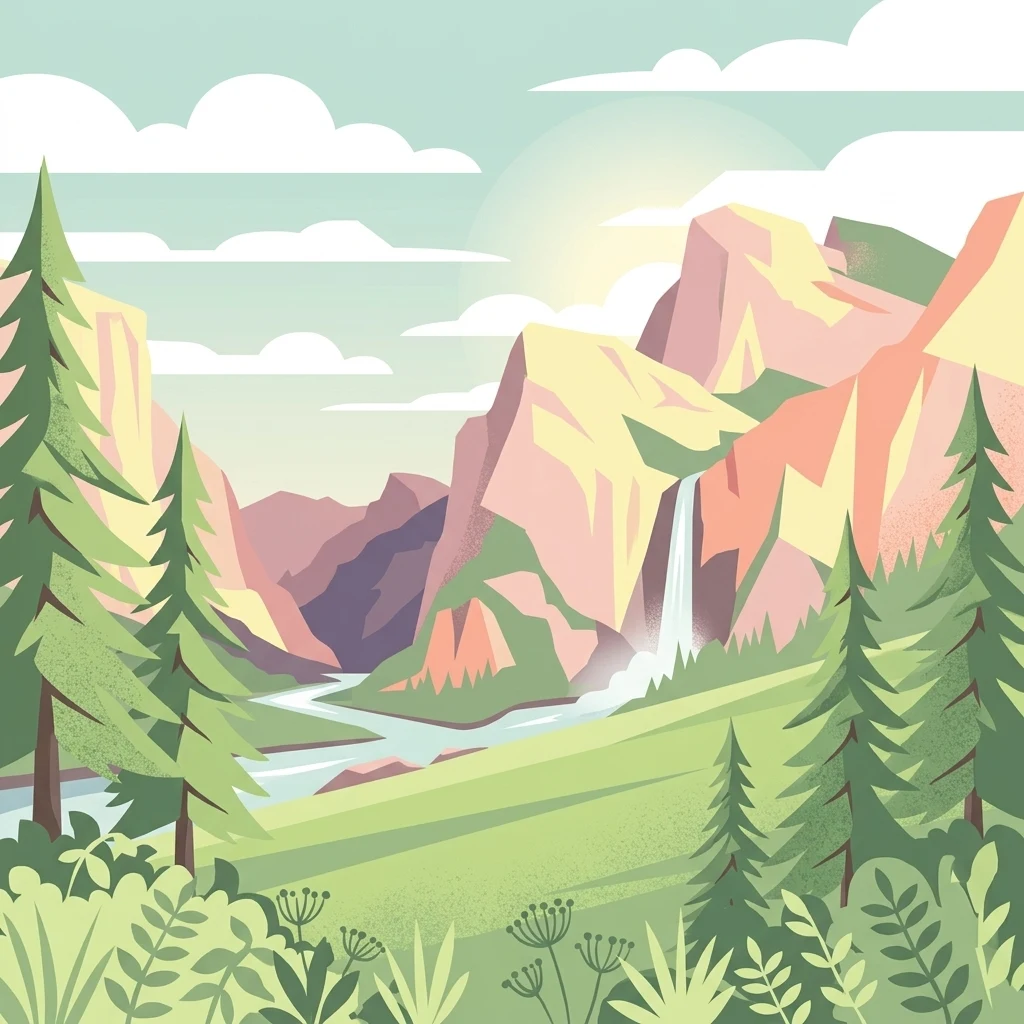 A flat, stylized vector illustration of a mountain valley, featuring pine trees in the foreground, a river, and a waterfall cascading down a mountain face under a soft, clouded sky.
