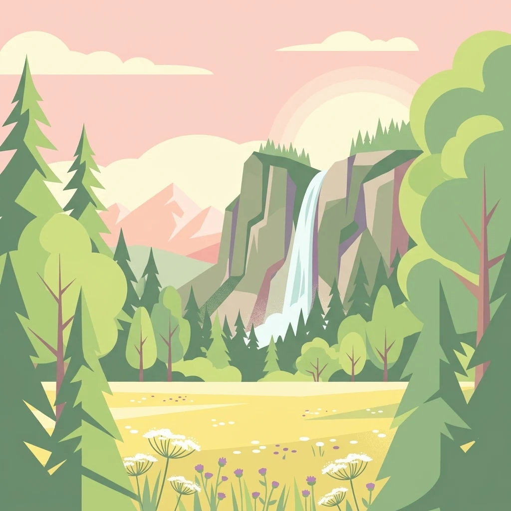 Stylized vector illustration of a meadow with wildflowers, framed by evergreen trees in the foreground, with a waterfall cascading down a rocky mountain cliff in the background under a soft pastel sky.