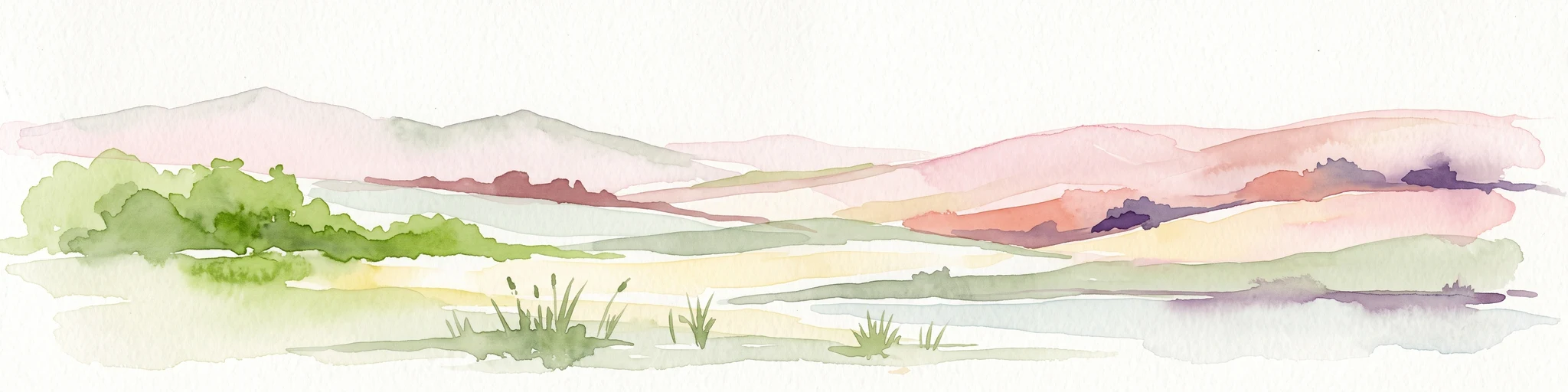 Una pintura en acuarela que muestra un paisaje suave de colinas onduladas, praderas cubiertas de hierba y parches de vegetación en una paleta de colores pastel.